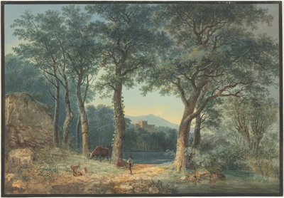 Un lago boscoso con una villa italianizante de Ludwig Hess