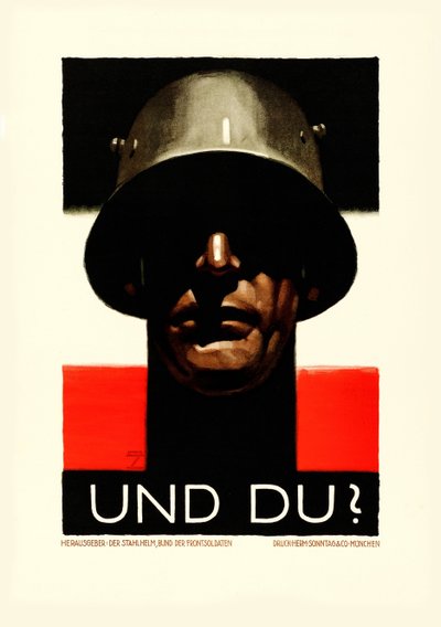 Y tú casco de acero, Liga de Soldados del Frente, 1929 de Ludwig Hohlwein