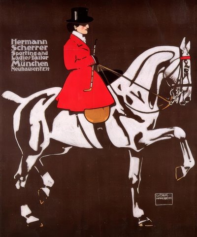 Dama a caballo con traje de montar usado en la caza del zorro en Inglaterra de Ludwig Hohlwein