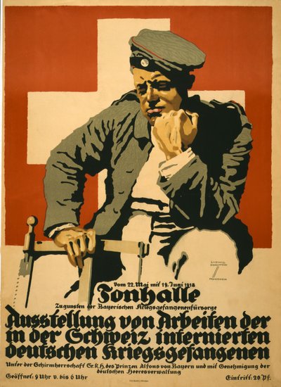 Tonhalle ... Exposición de obras de prisioneros de guerra alemanes internados en Suiza, pub. En 1918 (litografía en color) de Ludwig Hohlwein
