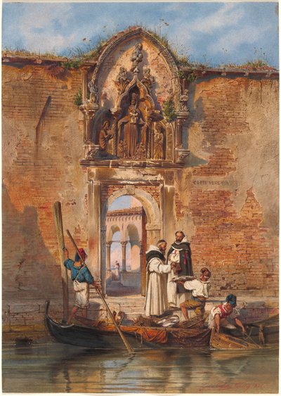 Monjes Comprando Pescado ante el Portal de la Madonna della Misericordia de Ludwig Johann Passini