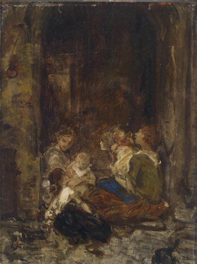 Madre con hijos, estudio, firmado de forma ilegible, en el reverso sello de propiedad L. Knaus Nachlass de Ludwig Knaus