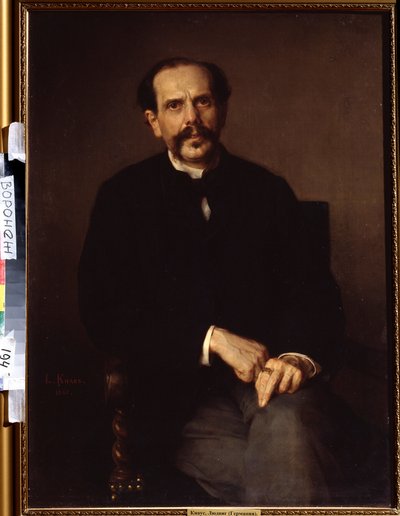 ""Retrato de un hombre"" Está vestido con un traje negro, un título de caballero en su dedo. Pintura de Ludwig Knaus (1829-1910) Ivan Kramskoy (o Kramskoi) Museo de Bellas Artes de Voronezh (Voronezh), Rusia. de Ludwig Knaus