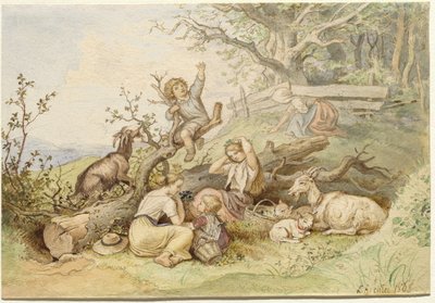 Niños y cabras descansando junto a un árbol caído de Ludwig Richter