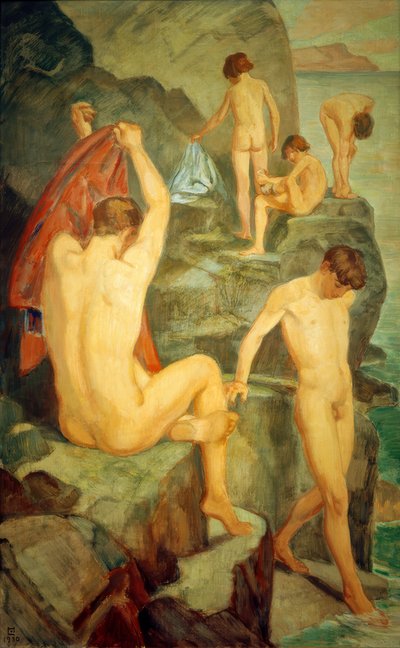 Bañistas en la roca negra de Ludwig von Hofmann