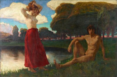 Idilio (Hombre y mujer semidesnudos en el paisaje) de Ludwig von Hofmann