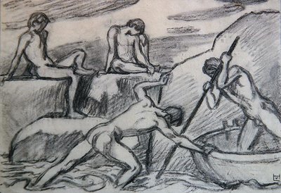Barquero desnudo y jóvenes en una orilla verde de Ludwig von Hofmann
