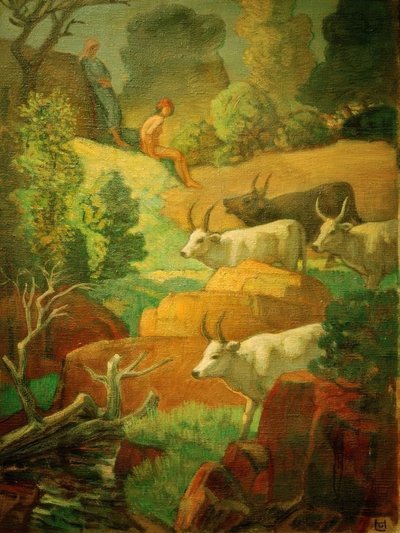 Ganado en el abrevadero de Ludwig von Hofmann