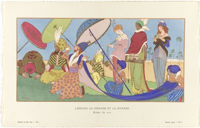 Gazette du Bon Ton, 1914 - Nº 1, Pl. I: Incienso, canela y mirra / Vestidos de noche (título en el objeto) de Ludwik Strimpl