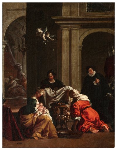 Transepto norte, Altar de San Rocco 1635, 45, Genovesino 1645, Nacimiento de San Rocco, Pintado en la parte inferior izquierda de Luigi Miradori