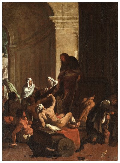 Transepto norte, Altar de San Rocco 1635, 45, Genovesino 1645, Distribución de bienes a los pobres, Pintado en la parte inferior izquierda de Luigi Miradori
