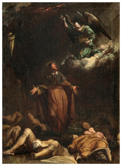 Transepto Norte, Altar de San Roque 1635, 45, Genovesino 1645, San Roque obtiene el cese de la peste, Pintado en la parte inferior izquierda de Luigi Miradori