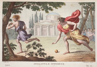 Atalanta y Hipómenes o Atalanta e Ippomene, Libro X, ilustración de las Metamorfosis de Ovidio, Florencia, 1832 de Luigi Ademollo