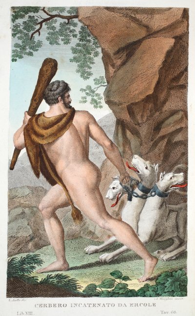 Hércules y Cerbero o Cerbero Encadenado por Hércules, Libro VII, ilustración de las Metamorfosis de Ovidio, Florencia, 1832 de Luigi Ademollo