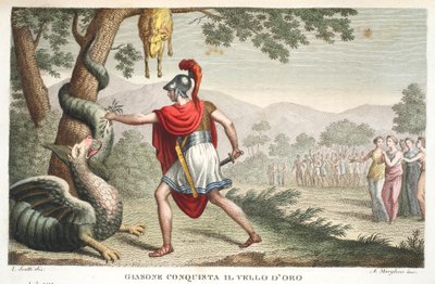 Jason pone al dragón a dormir o Gianone conquista el Vellocino de Oro, Libro VII, ilustración de las Metamorfosis de Ovidio, Florencia, 1832 de Luigi Ademollo
