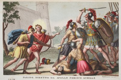 París Mata a Aquiles o Paride dirigido por Apolo Ferince Achille, Libro XIII, ilustración de las Metamorfosis de Ovidio, Florencia, 1832 de Luigi Ademollo