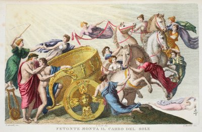 Faetón conduce el carro del sol, Libro II, ilustración de las Metamorfosis de Ovidio, Florencia, 1832 de Luigi Ademollo