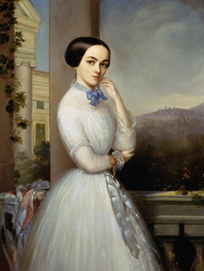 Retrato de mujer con vestido blanco en un balcón de Luigi Basiletti