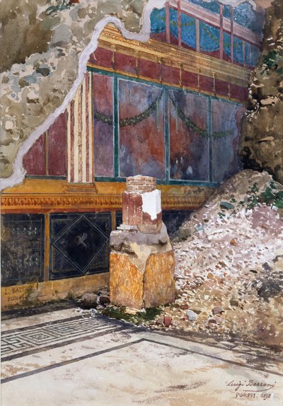 Casa de la Boda de Plata, fresco dañado de guirnaldas, visto in situ durante la excavación, Pompeya, 1897 de Luigi Bazzani