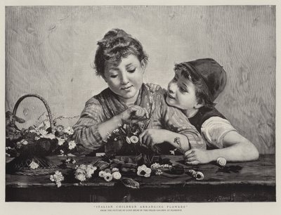 Niños italianos arreglando flores de Luigi Bechi