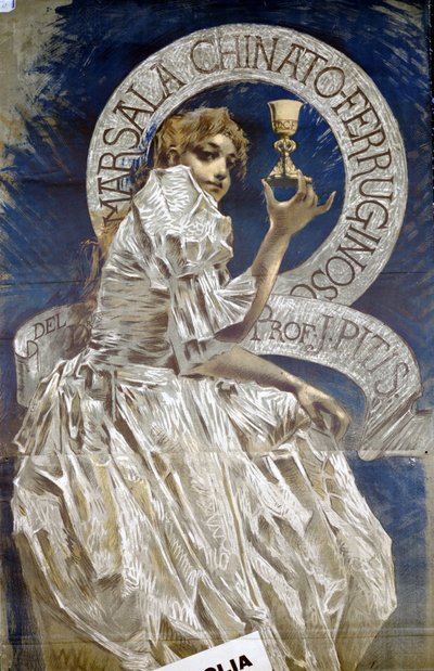 Publicidad para el digestivo italiano Marsala. Pintura de Conconi de Luigi Conconi