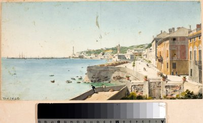 Vista del puerto de Génova con la Lanterna, el faro de la ciudad, bastiones y la iglesia San Teodoro de Luigi Garibbo