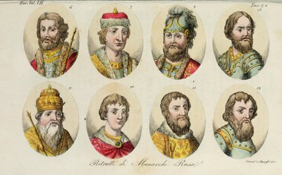 6. Yaroslav 7. Sviatoslav II 8. Sviatopolk 9. Vladimir Monomakh 10. Yuri I 11. Iván II 12. Dmitry Donskoy 13. Iván III, 1831 de Luigi Giarrè