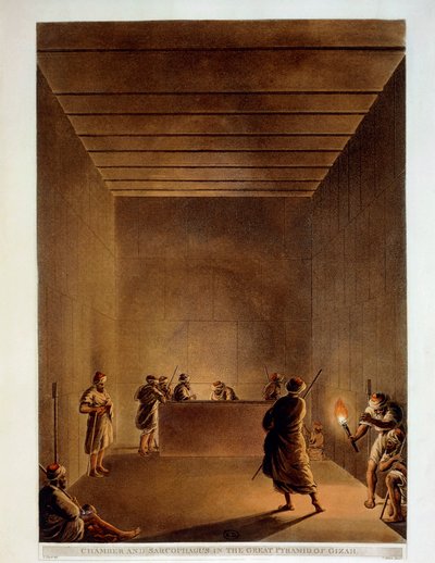 Egipto, Habitación y sarcófago de la Gran Pirámide de Giza, grabado de "Vistas" de Luigi Mayer de Luigi Mayer