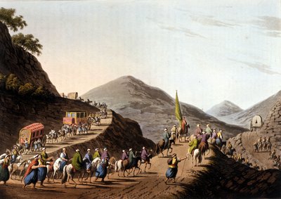Éxodo en los caminos de las montañas de los Balcanes - en “Vistas en los dominios otomanos, en Europa, en Asia y algunas de las islas del Mediterráneo” de los dibujos originales de Luigi Mayer, Londres de Luigi Mayer