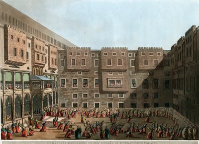 Mamelucos entrenando en el patio del palacio de Murad Bey, Túnez de Luigi Mayer