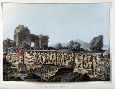 Ruinas y friso tallado en Éfeso, antigua ciudad de Grecia, hoy en Turquía. en “Vistas en los Dominios Otomanos, en Europa, en Asia, y algunas de las islas del Mediterráneo de los dibujos originales tomados por Luigi Mayer, Londres de Luigi Mayer