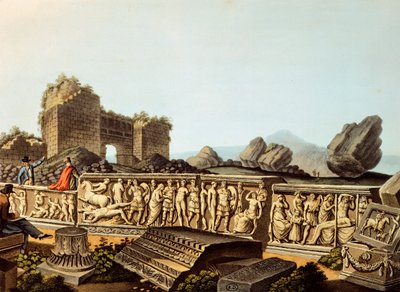 Visitantes europeos viendo relieves de mármol, por Luigi Mayer, grabado de Luigi Mayer