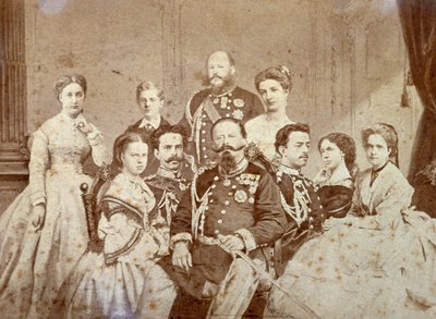 El cuadro retrata a varios miembros de la familia real de Saboya. En el centro, sentados, Víctor Manuel II, Umberto I y Amedeo en traje de gala; las hijas del soberano y Elisabetta de Sajonia con elegantes ropajes. Al fondo, hacia el de Luigi Montabone