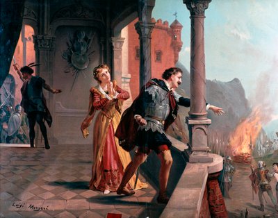 Ilustración para el aria de Manrico, Di quella pira Acto III, en Il trovatore, ópera de Giuseppe Verdi de Luigi Morgari