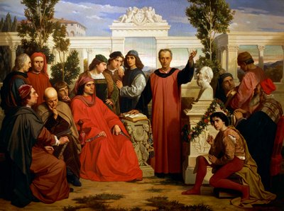 Cumpleaños y parentalia de Platón (428 a.C.-348 o 427 o 347 a.C.), celebrado en Villa di Careggi por Lorenzo el Magnífico de Luigi Mussini