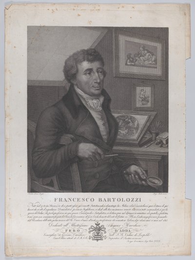 Retrato de Francesco Bartolozzi, sentado, sosteniendo una lupa con herramienta de grabado, 1827 de Luigi Rados