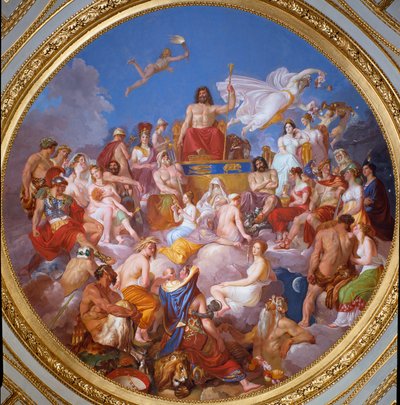 El Consejo de los Dioses (o Asamblea de los Dioses): Zeus en el Olimpo rodeado de divinidades. Están representados de arriba a abajo y a la izquierda: Ganimedes, Atenea, Poseidón, Hermes, Hefesto, Afrodita, Eros, las 3 Gracias, Dionisio y Ares. En el cent de Luigi Sabatelli