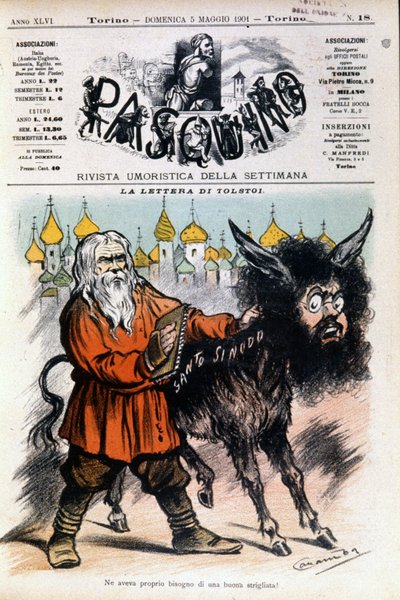 Caricatura sobre Tolstói por Luigi Sapelli Caramba sobre la carta enviada por Tolstói a la Santa Sede. Portada de Pasquino del 05/05/1901 de Luigi Sapelli Caramba