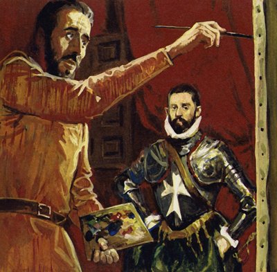 El Greco pinta a Vincentio Anastagi en Malta (litografía en color) de Luis Arcas Brauner