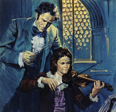 Eugene Delacroix era un niño frágil que mostró un talento precoz para el violín (litografía en color) de Luis Arcas Brauner