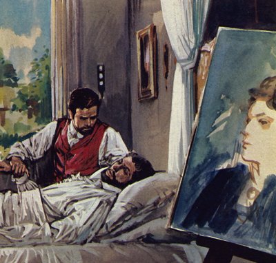 Manet muere en brazos de su amigo Chabrier (litografía en color) de Luis Arcas Brauner