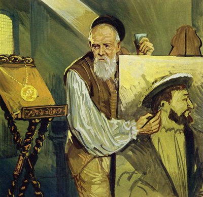 Tiziano pinta un retrato del rey Francisco I de Francia basado en una medalla (litografía en color) de Luis Arcas Brauner