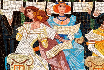 Arquitectura Art Nouveau: Palacio de la Música Catalana, Barcelona. Mosaico que decora la fachada: mujer cantando en la coral catalana (Orfeo Catala), detalle desde la izquierda. de Luis Domenech i Montaner (1850-1923) y Lluis Bru I Salelles (1868-1952) ,1 de Luis & Bru i Salelles Luis (1868 1952) Domenech i Montaner