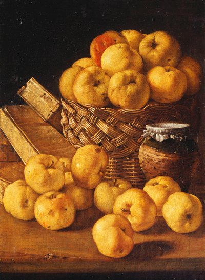 Manzanas en una canasta, un tarro y cajas de condimentos sobre una mesa de Luis Egidio Melendez