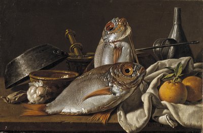 Naturaleza muerta con besugo, naranjas, ajo y utensilios de cocina, 1772 de Luis Egidio Melendez