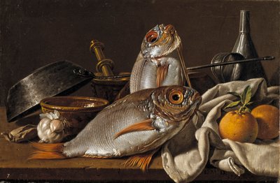 Naturaleza muerta con besugo, naranjas, ajo y utensilios de cocina de Luis Egidio Melendez