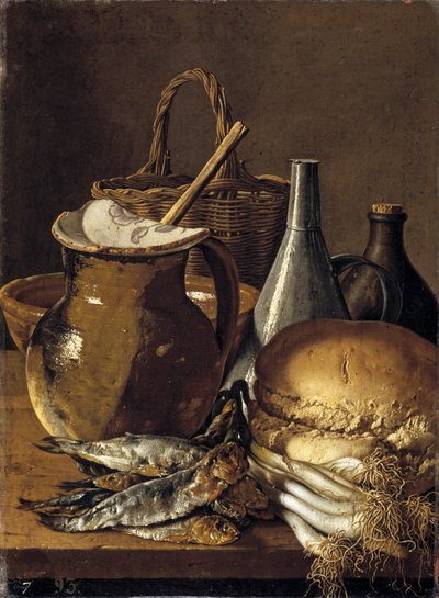Bodegón con arenques, cebolletas, pan y utensilios de cocina de Luis Egidio Melendez