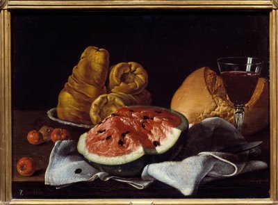 Sandía, pan, pastel y copa de vino de Luis Egidio Menendez or Melendez