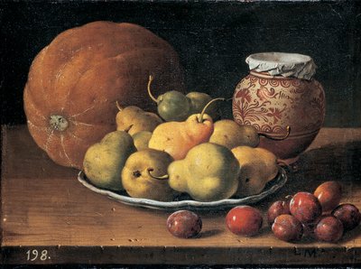 Peras en un plato, un melón, ciruelas y un tarro decorado de mansies en un estante de madera de Luis Egidio Menendez or Melendez