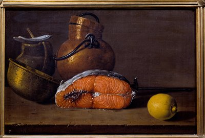 Rebanada de salmón, un limón y utensilios de Luis Egidio Menendez or Melendez